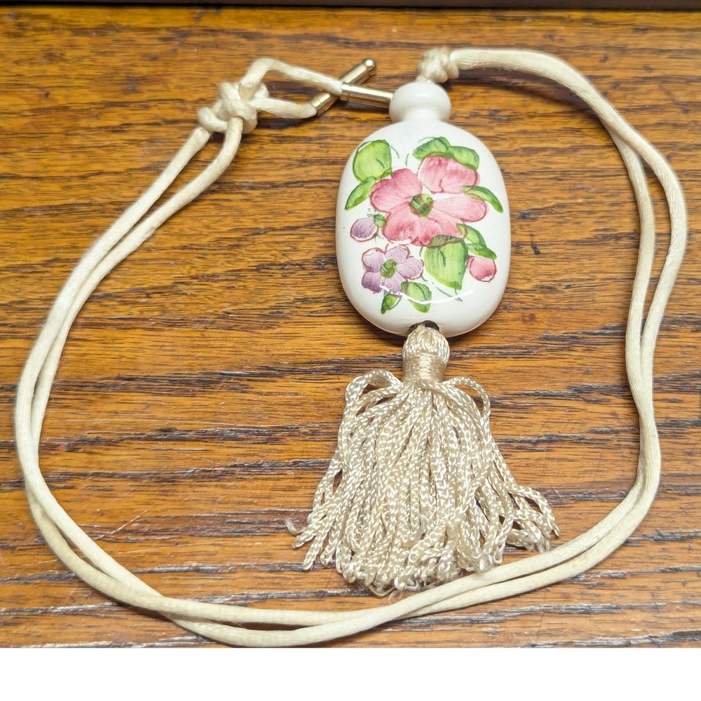Vintage Avon Floral Tassel Pendant Necklace Off White Hand Painted Brazil Corded